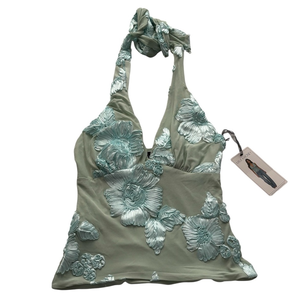 blue green flower halter top - Picture 2 of 5